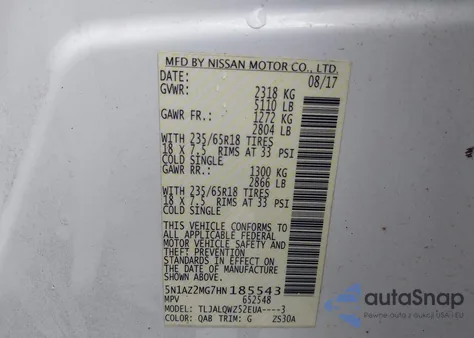 2017 Nissan Murano Sv z USA, uszkodzony, nr VIN 5N1AZ2MG7HN185543